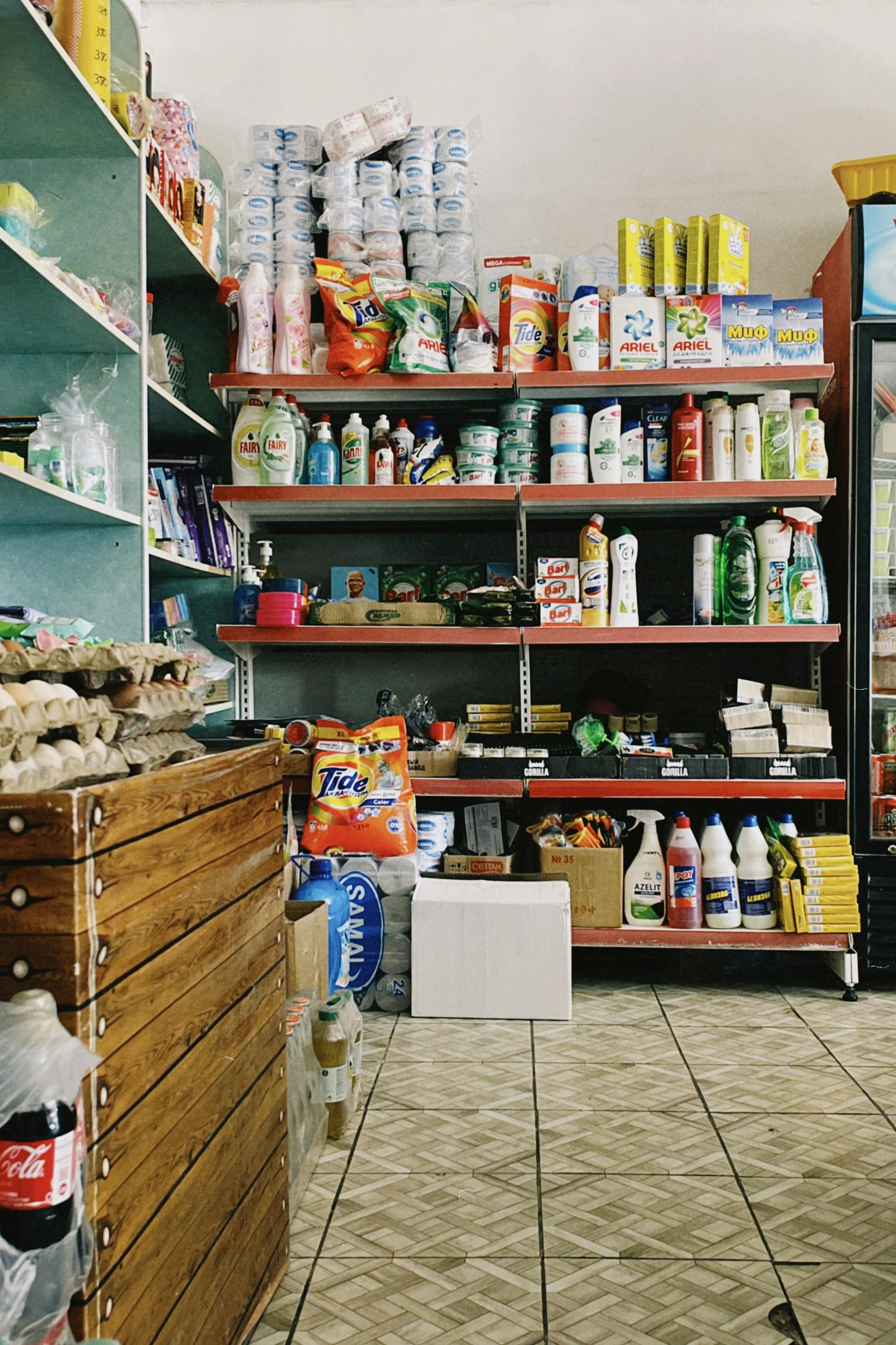Fresh produce and pantry shelves